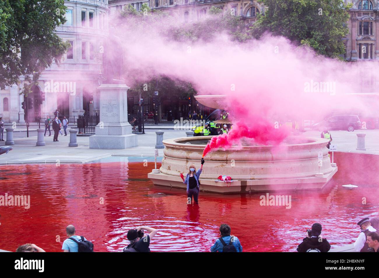 Attivista della ribellione degli animali in piedi a Trafalgar Square fontana con acqua rossa e rosa Flare London 2020 Foto Stock