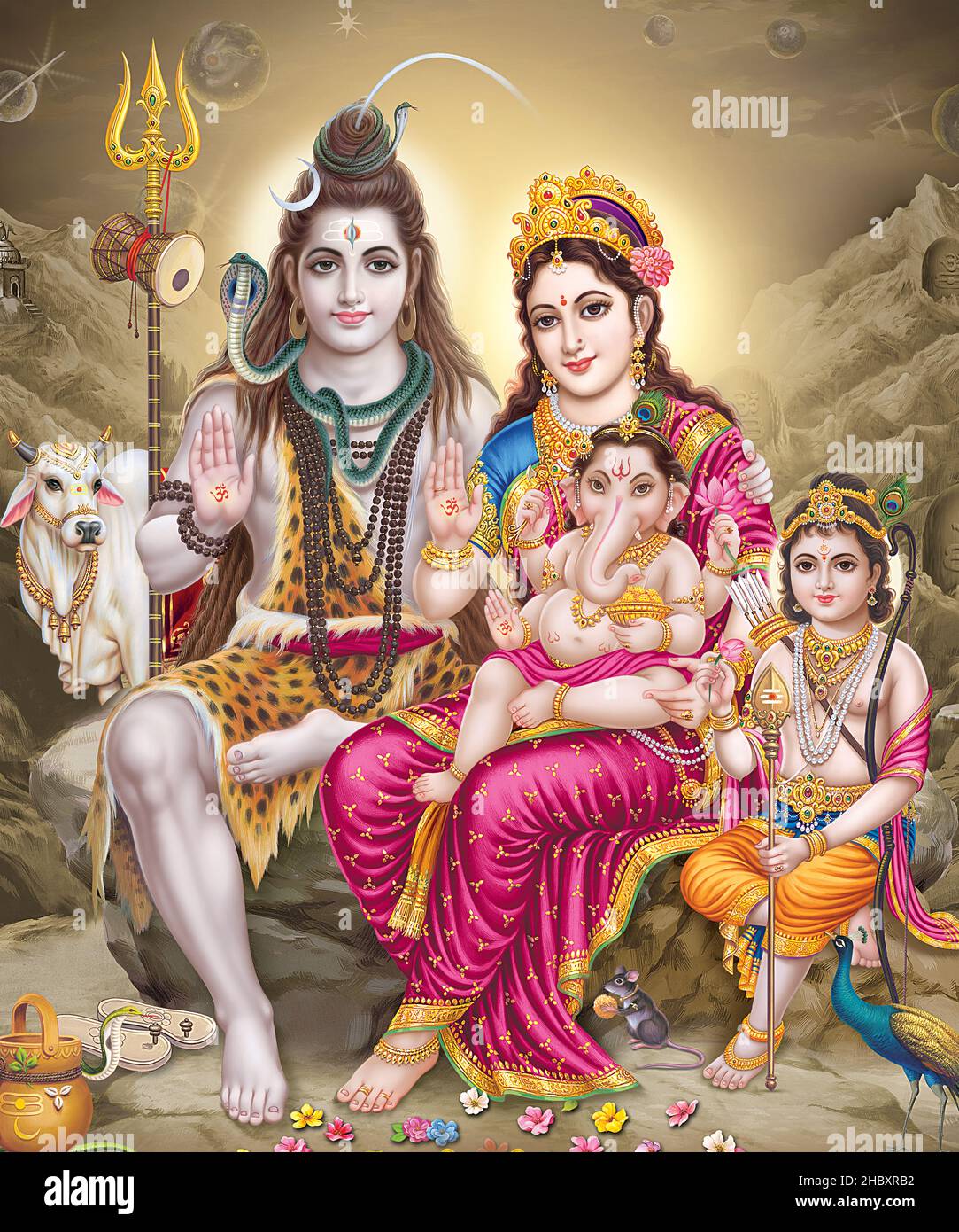 Lord Shiva con sfondo colorato, design poster God Shiv Pariwar per carta da parati Foto Stock