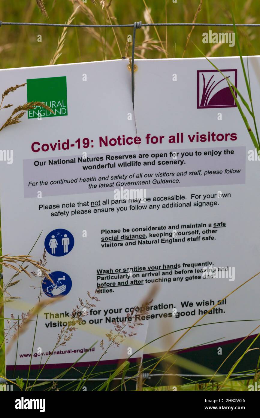 Covid-19 requisiti avviso per tutti i visitatori firmare alla Martin Down National Nature Reserve sull'Hampshire Dorset Border Regno Unito nel mese di luglio Foto Stock