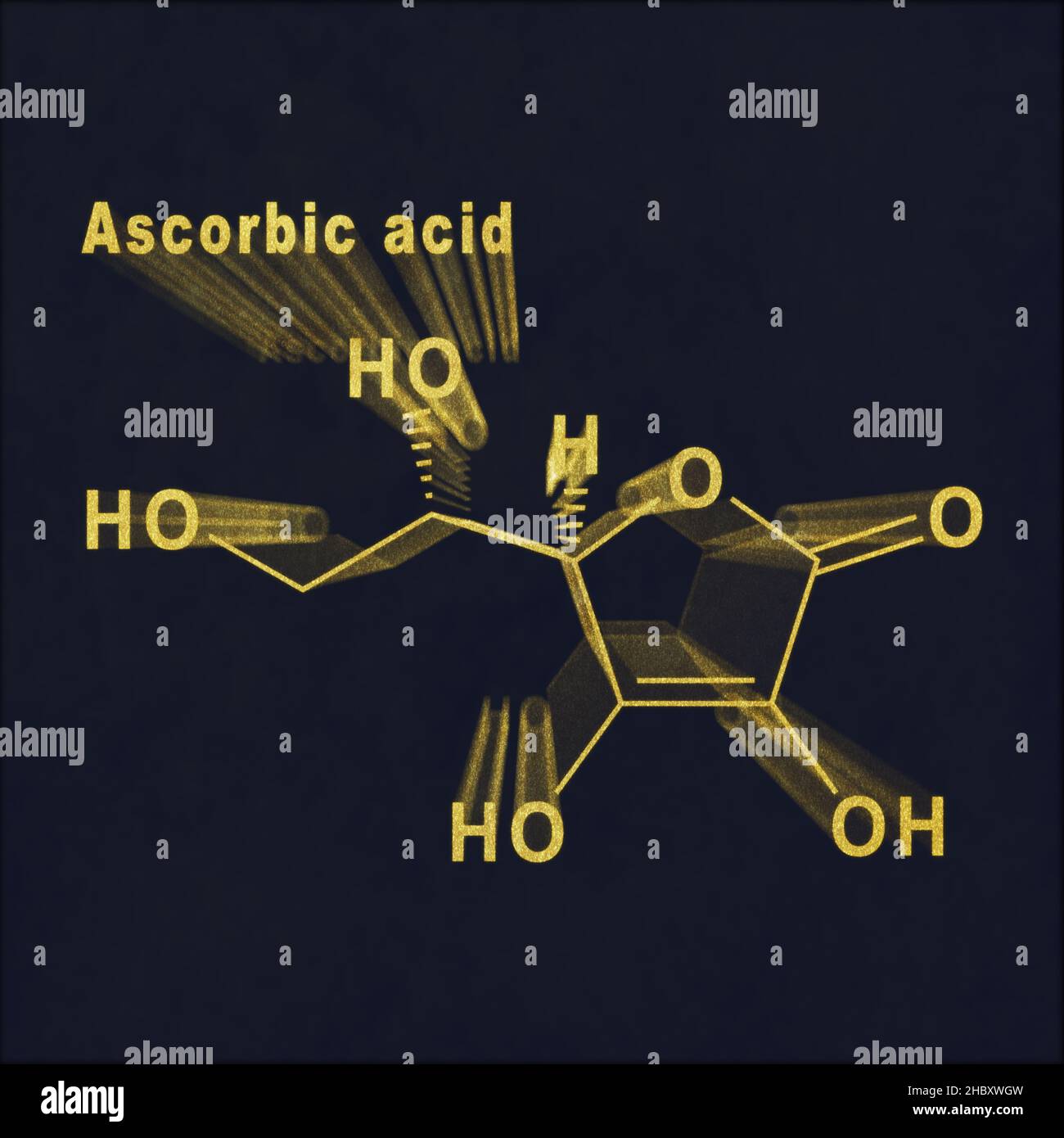 Acido ascorbico formula chimica strutturale oro su sfondo scuro Foto Stock