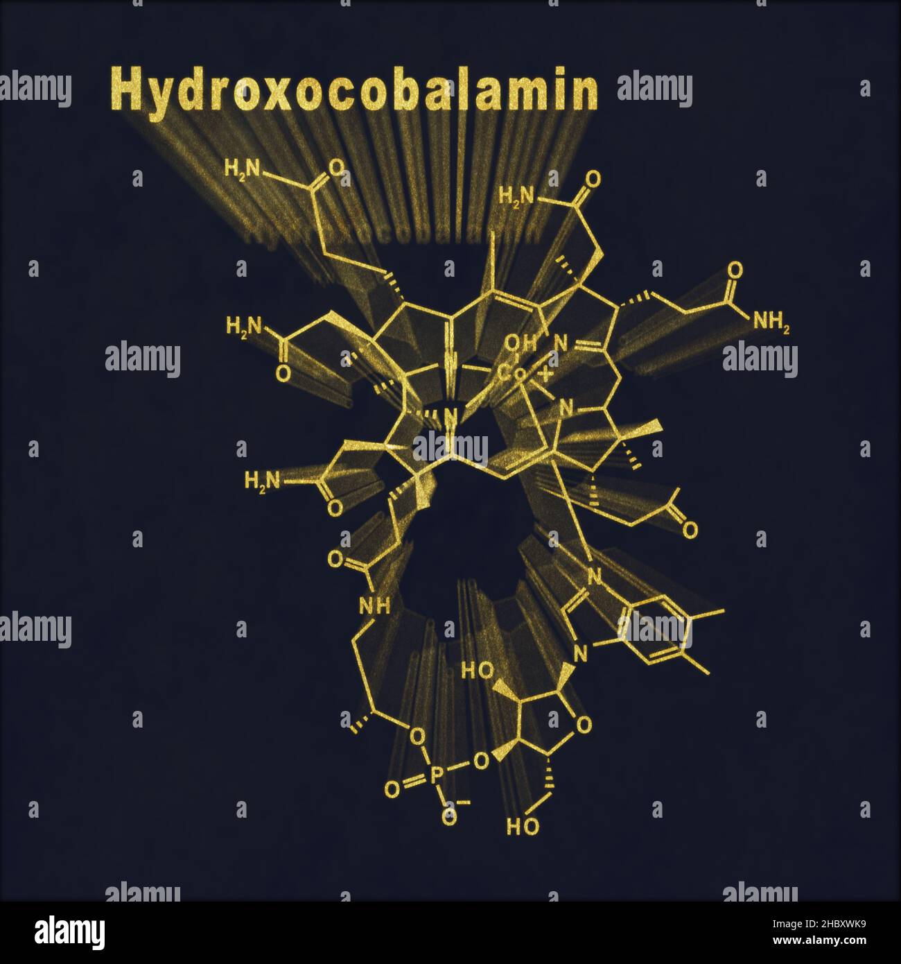 Idrossicobalamina vitamina B12, formula chimica strutturale oro su sfondo scuro Foto Stock