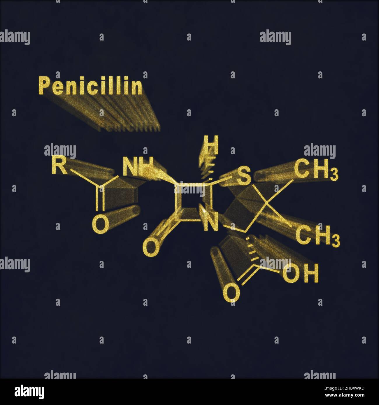 Penicillina, antibiotico, strutturale formula chimica oro su sfondo scuro Foto Stock
