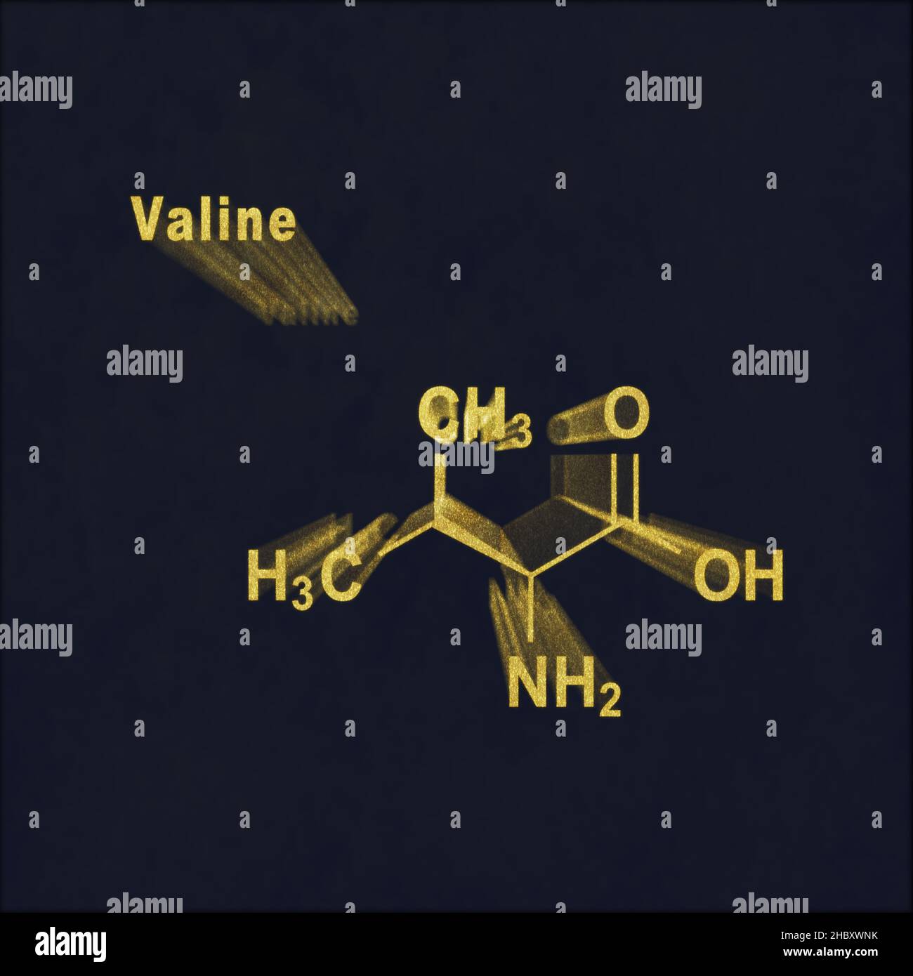 Valina (l-valina, Val, V) aminoacido, struttura chimica oro su sfondo scuro Foto Stock