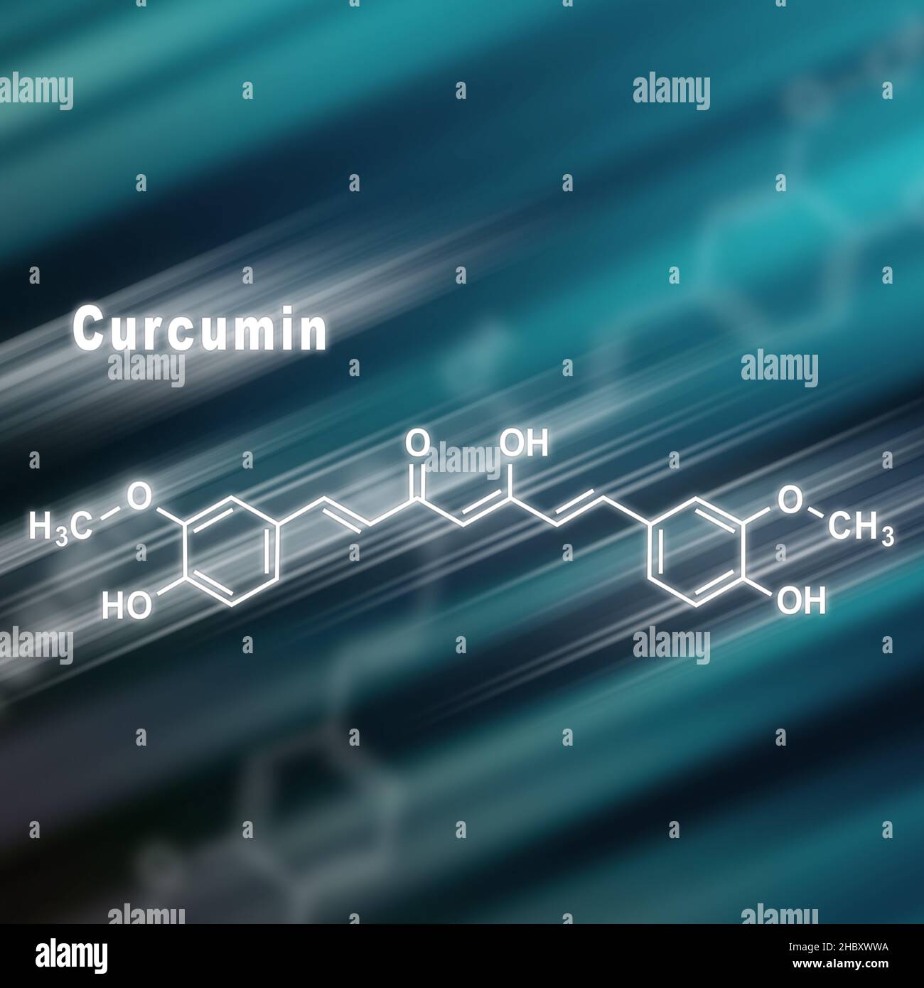 Curcumino curmerico spezia, formula chimica strutturale sfondo futuristico Foto Stock