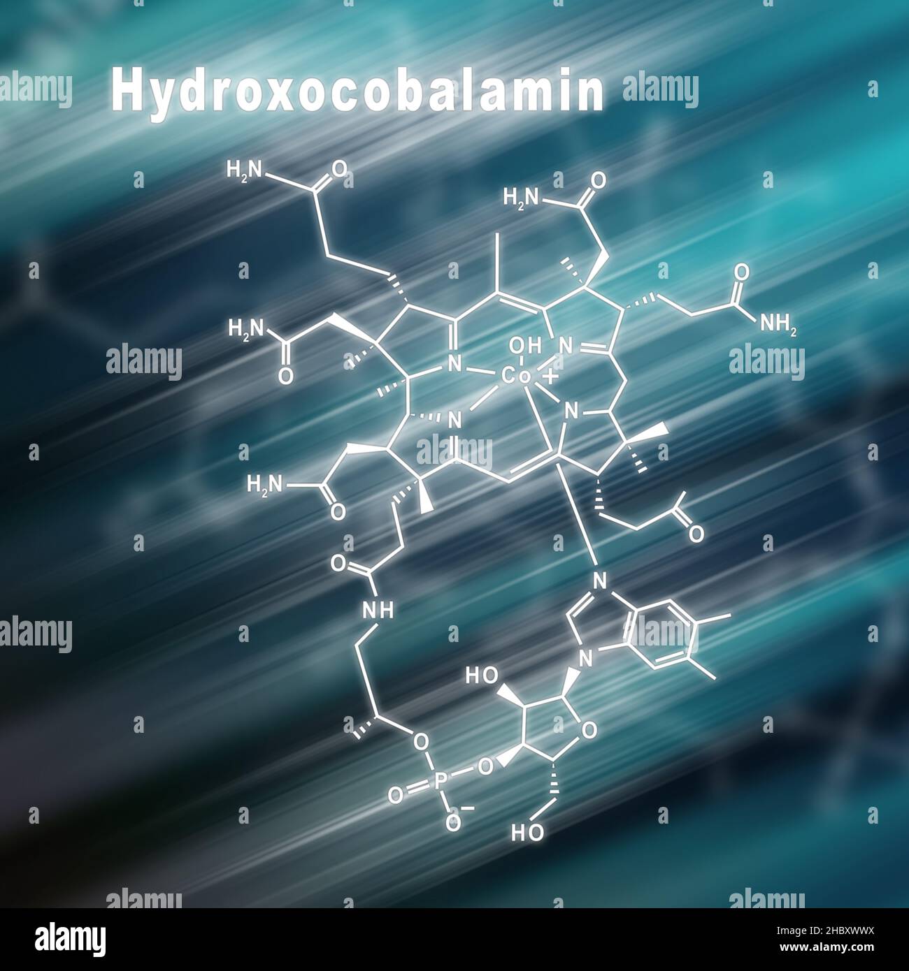 Idrossicobalamina vitamina B12, formula chimica strutturale sfondo futuristico Foto Stock