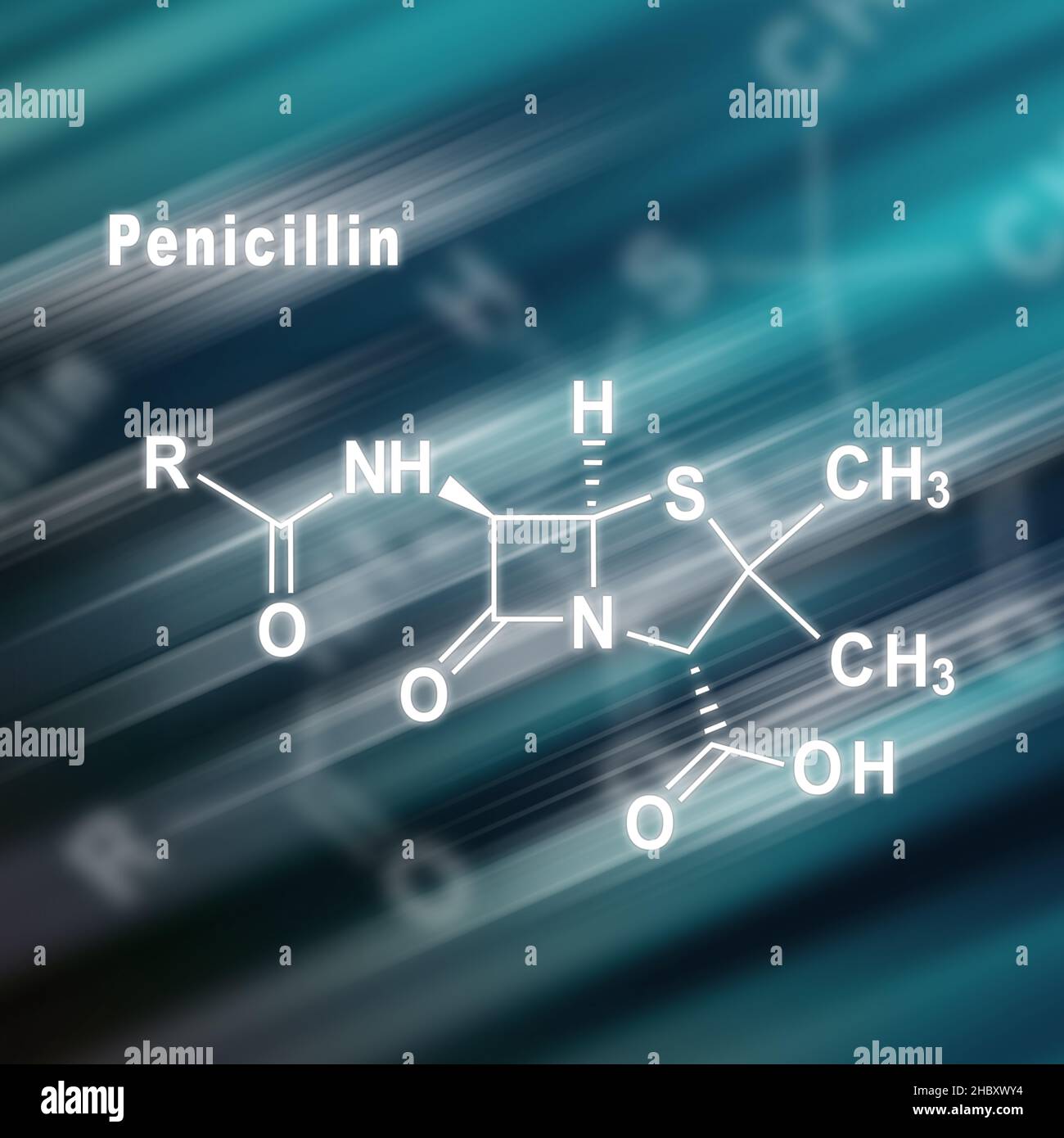 Penicillina, farmaco antibiotico, formula chimica strutturale sfondo futuristico Foto Stock