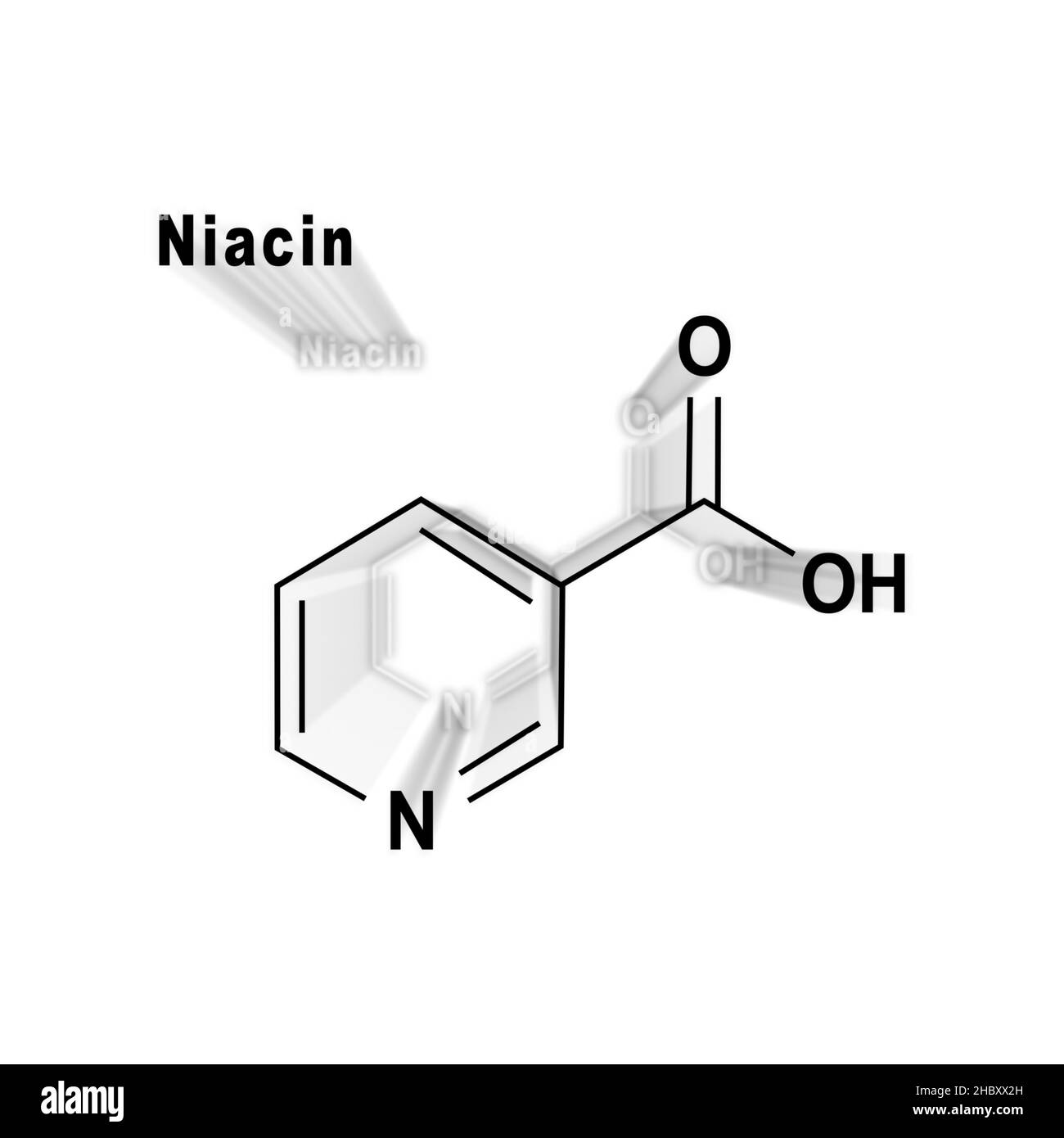 Molecola di niacina (acido nicotinico), vitamina B3 Formula chimica strutturale su sfondo bianco Foto Stock