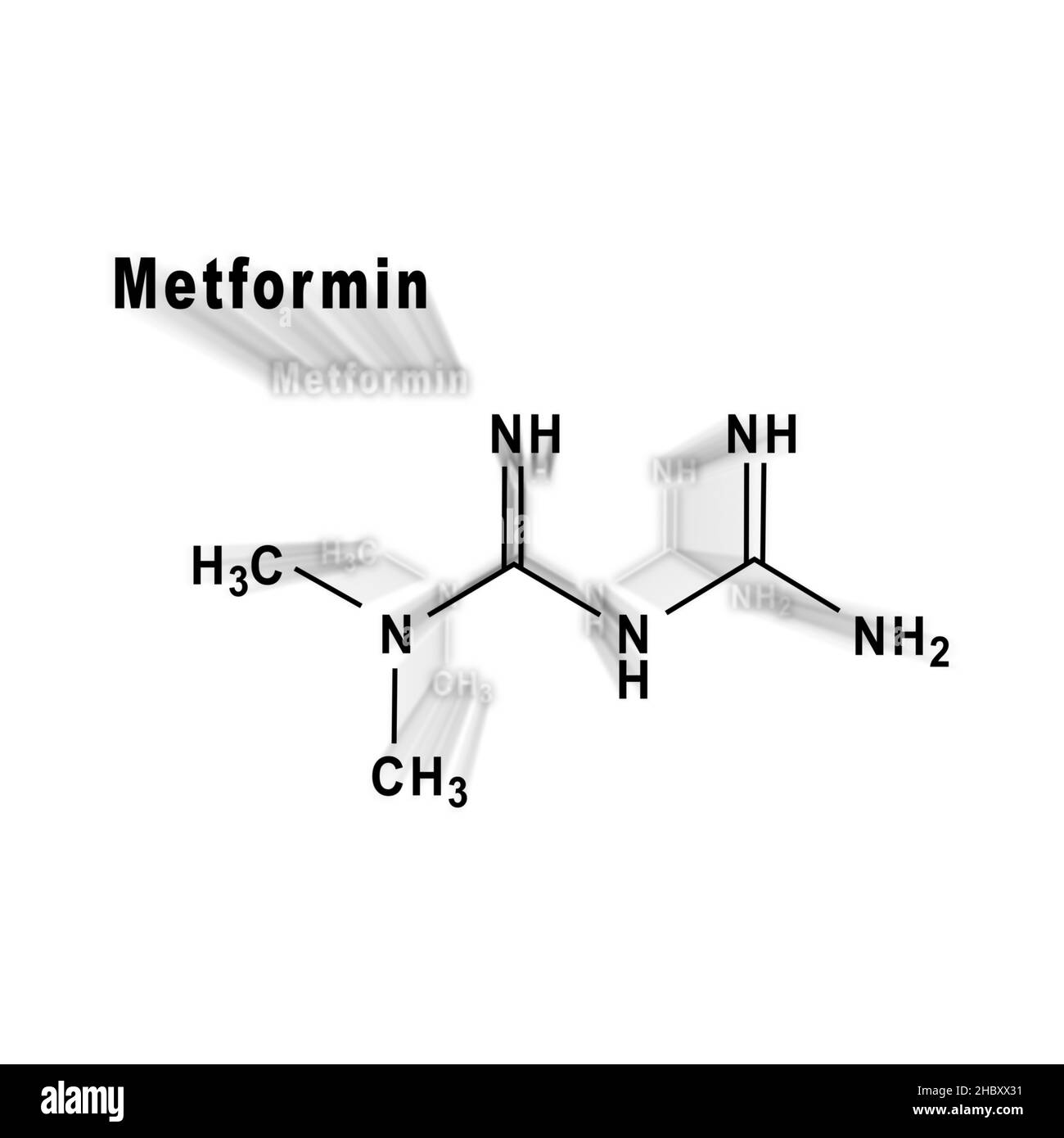 Metformina farmaco per diabete, formula chimica strutturale su sfondo bianco Foto Stock