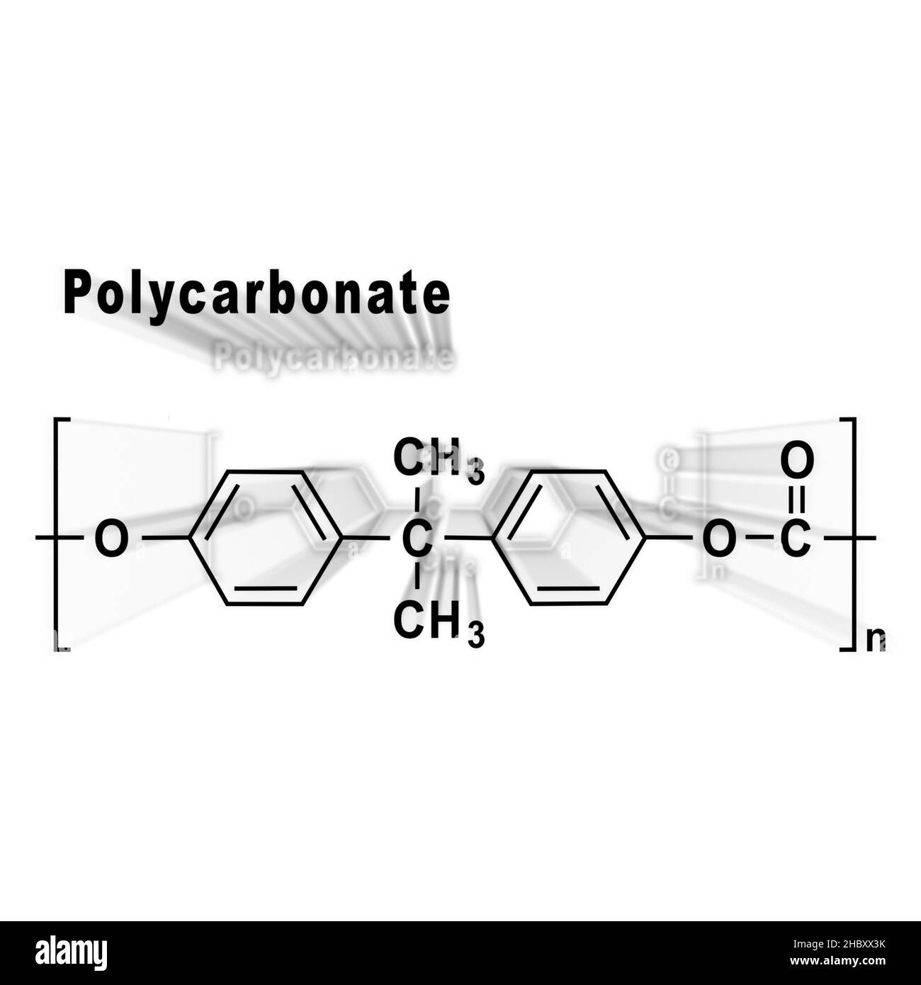 Policarbonato PC Lexan, formula chimica strutturale su sfondo bianco Foto Stock