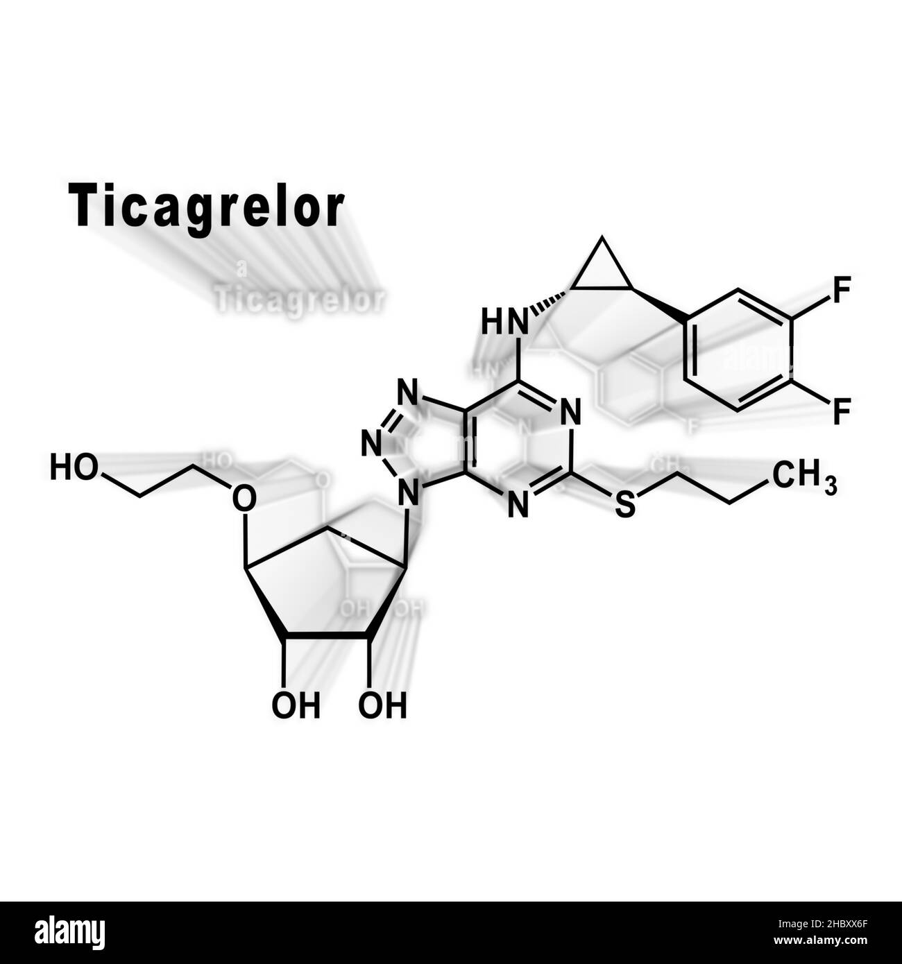 Farmaco inibitore piastrinico Ticagrelor, struttura chimica su sfondo bianco Foto Stock