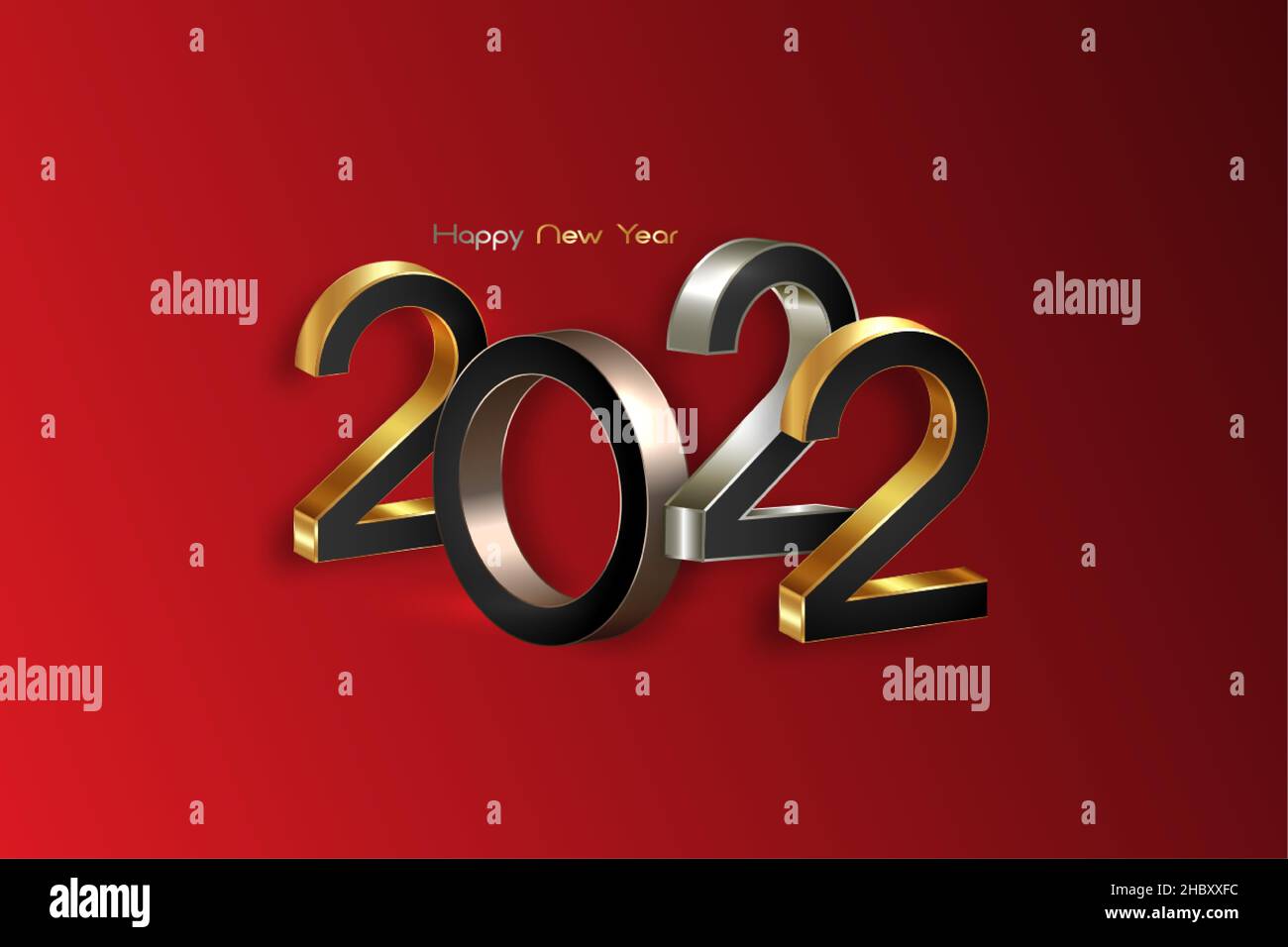 2022 lettere dorate, bronzee e argentate. Logo di Capodanno 3D per il biglietto di auguri per le feste. Illustrazione vettoriale isolato su sfondo rosso, modo EVE Illustrazione Vettoriale