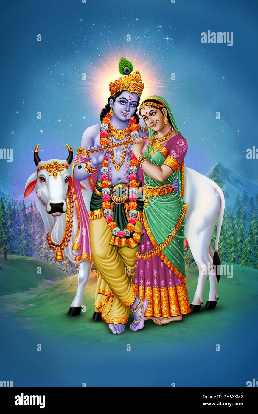 Radha Krishna con poster mucca alba paesaggio sfondo Foto Stock