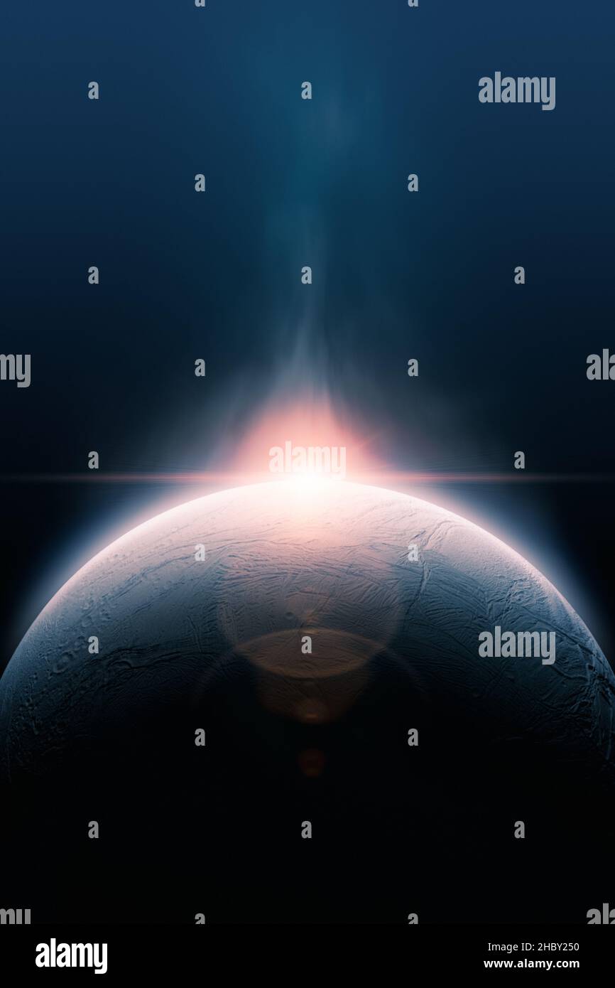 Epico pianeta scifi in uno spazio profondo con fumo e lente svasata. Sfondo copertina libro fantascienza. Esplorazione spaziale nel mondo alieno. Il pianeta nel Foto Stock