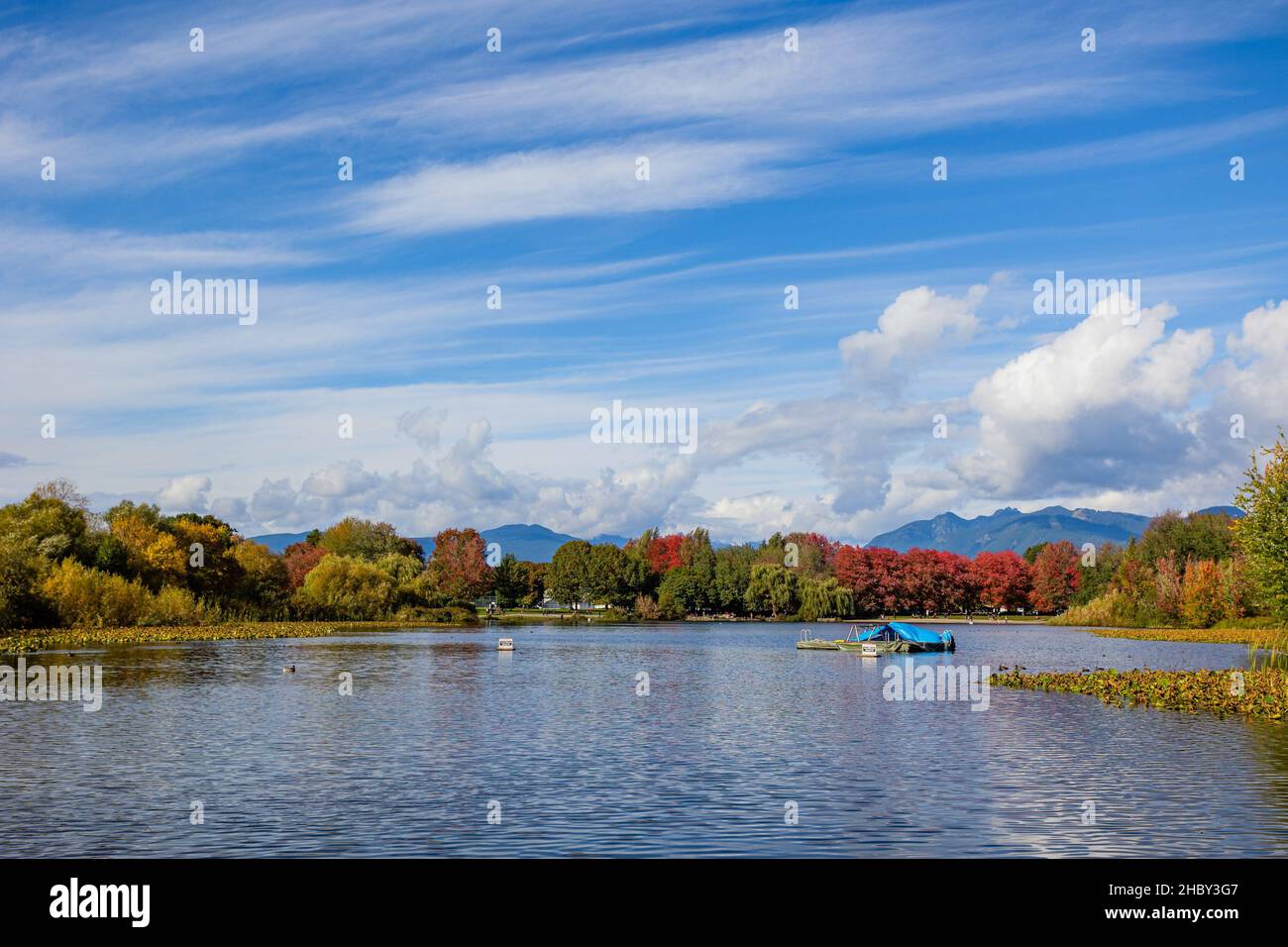 VANCOUVER, CANADA - Ott 20, 2021: Una bella vista del lago di Trout in un parco in colori autunnali a Vancouver, Canada Foto Stock