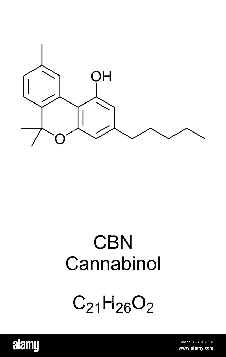 Cannabinolo, CBN, formula chimica e struttura. Un cannabinoide e un composto non psicoattivi, presenti in tracce in cannabis invecchiata e conservata. Foto Stock