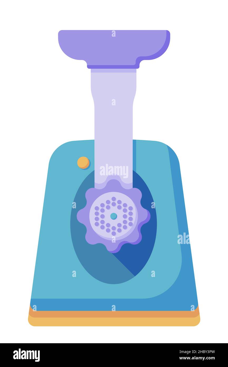 Macinacaffè blu per tritare carne, pesce e verdure, per la preparazione di cotolette di carne tritate in stile piatto isolate su sfondo bianco. Vettore illustraz Illustrazione Vettoriale
