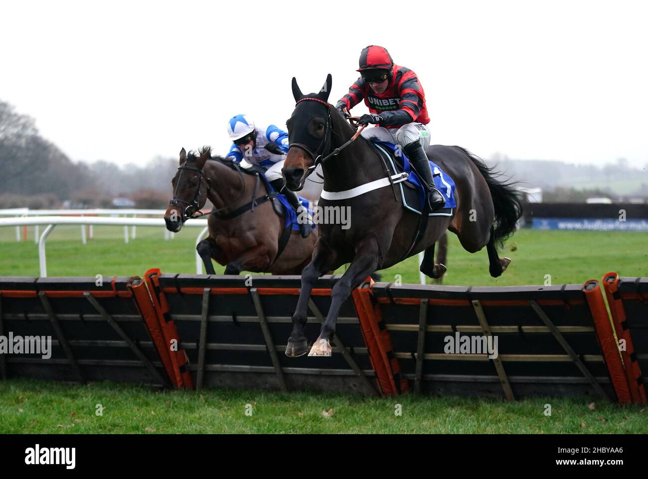 Balco costiero guidato dal jockey Nico de Bionville vince il Tanners Prosecco 'National Hunt' Novices' ostacoli all'ippodromo di Ludlow. Data foto: Mercoledì 22 dicembre 2021. Foto Stock