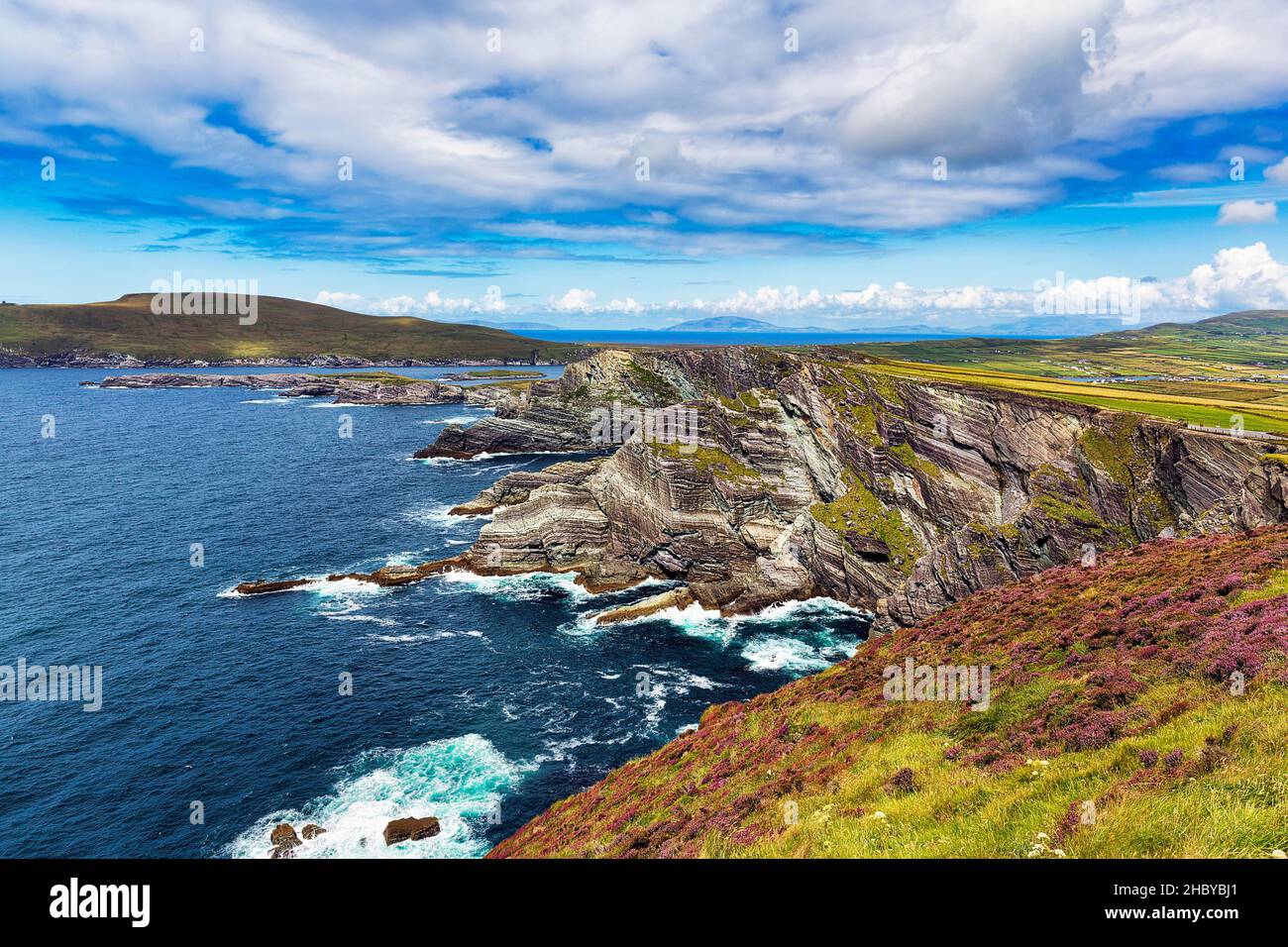 Scogliere frastagliate che si affacciano sull'Oceano Atlantico, le scogliere di Kerry, la strada panoramica Skellig Ring, Portmagee, Iveragh Peninsula, Kerry, Irlanda Foto Stock