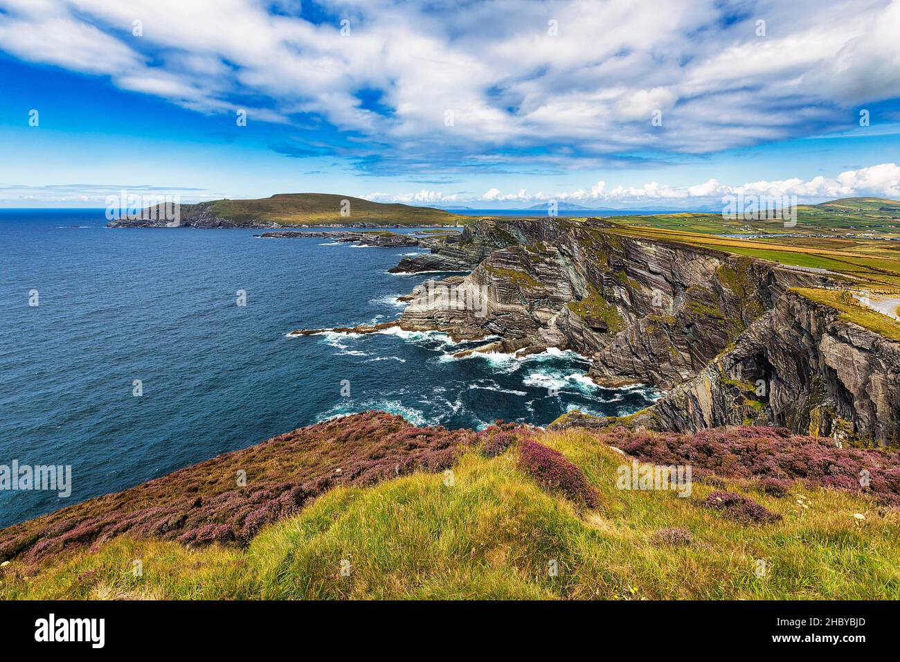 Scogliere frastagliate che si affacciano sull'Oceano Atlantico, le scogliere di Kerry, la strada panoramica Skellig Ring, Portmagee, Iveragh Peninsula, Kerry, Irlanda Foto Stock