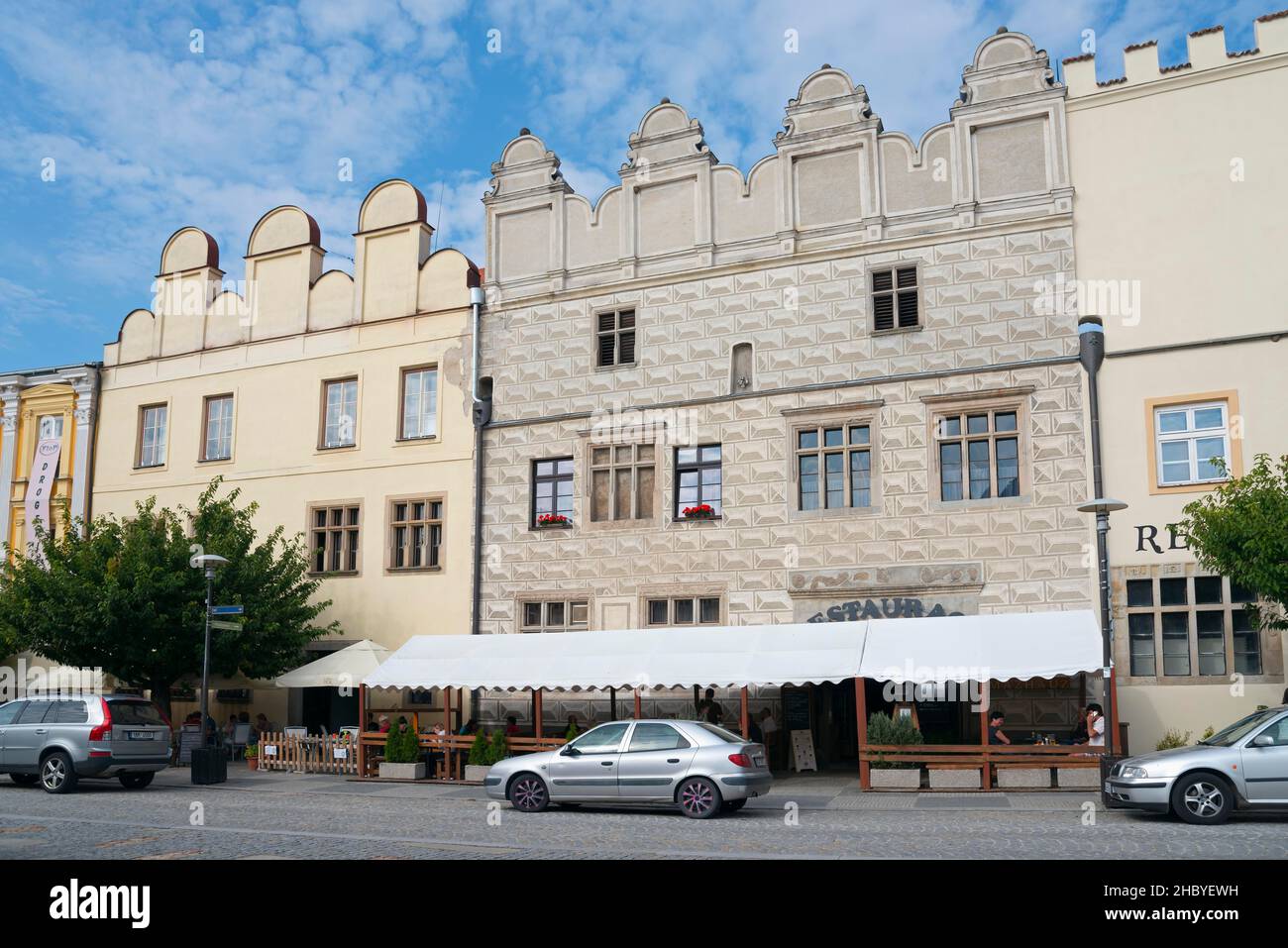 Case sulla piazza del mercato, Piazza della Pace, Namesti Miru, centro storico, Slavonice, Zlabings, Altopiani Boemiani-Moravi, Ceska Canada, Ceco Foto Stock