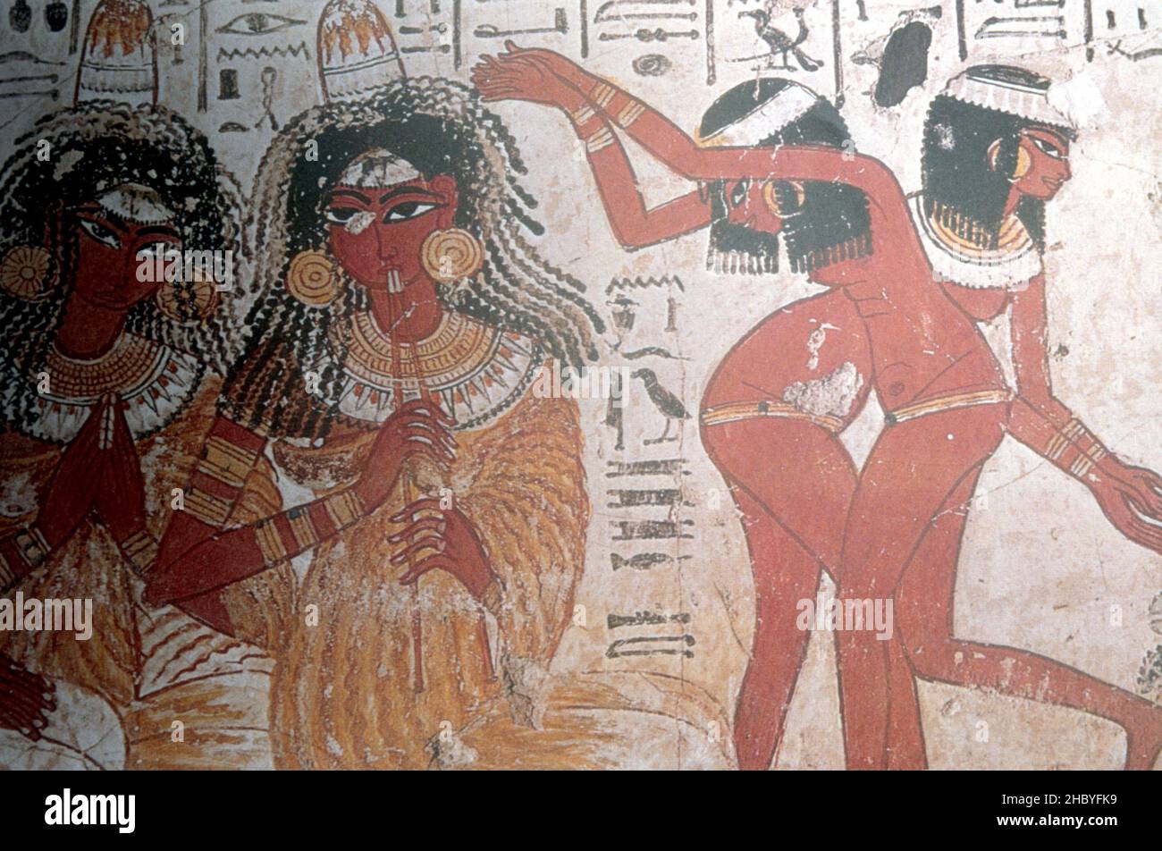 Pittura egiziana tomba di musicisti e ballare donne dal Tom di Nebamun Egitto. 18th affresco dinastia Foto Stock