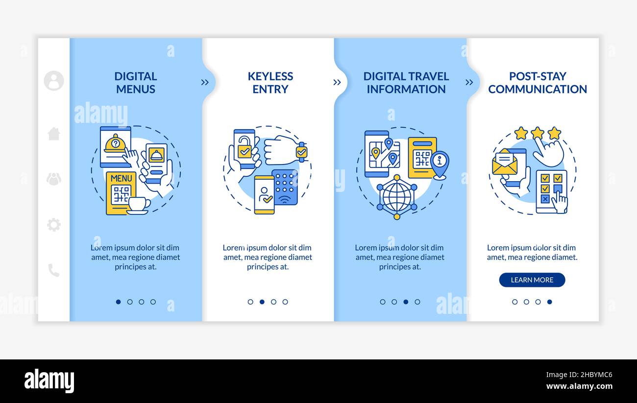 Tecnologia Contactless per modelli di onboarding in bianco e blu per hotel Illustrazione Vettoriale