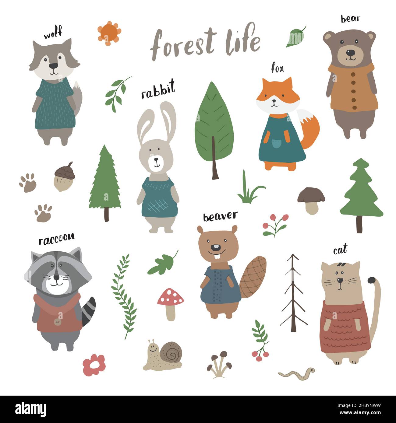 Animali carini nei vestiti. Cartoon foresta fauna selvatica collezione animali, volpe, lupo, orso, castoro, raccoon, coniglio e gatto selvatico. Illustrazione vettoriale. Illustrazione Vettoriale