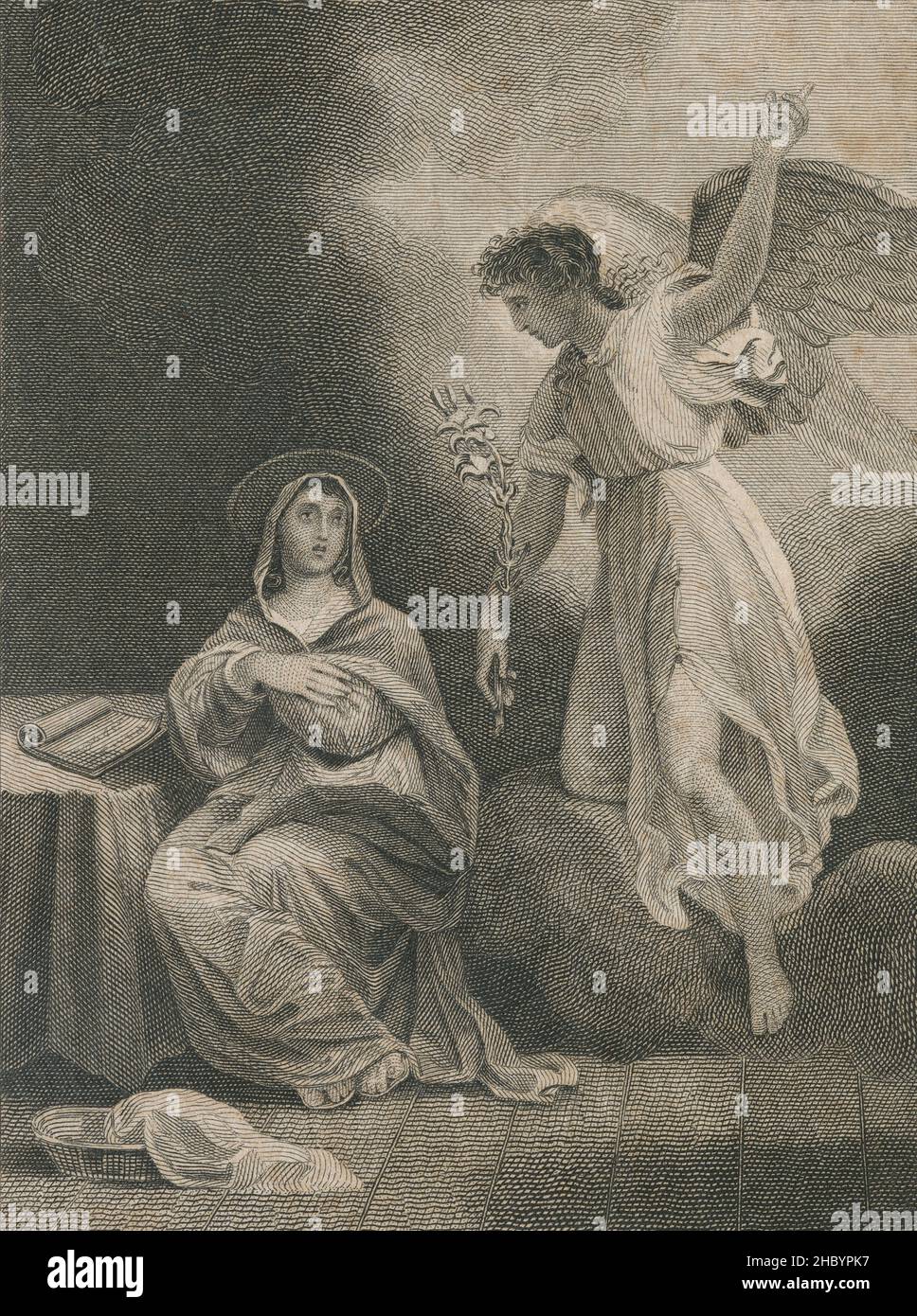 Incisione antica del 1830 circa, l'Annunciazione, incisa da T.C. Storia. FONTE: INCISIONE ORIGINALE Foto Stock