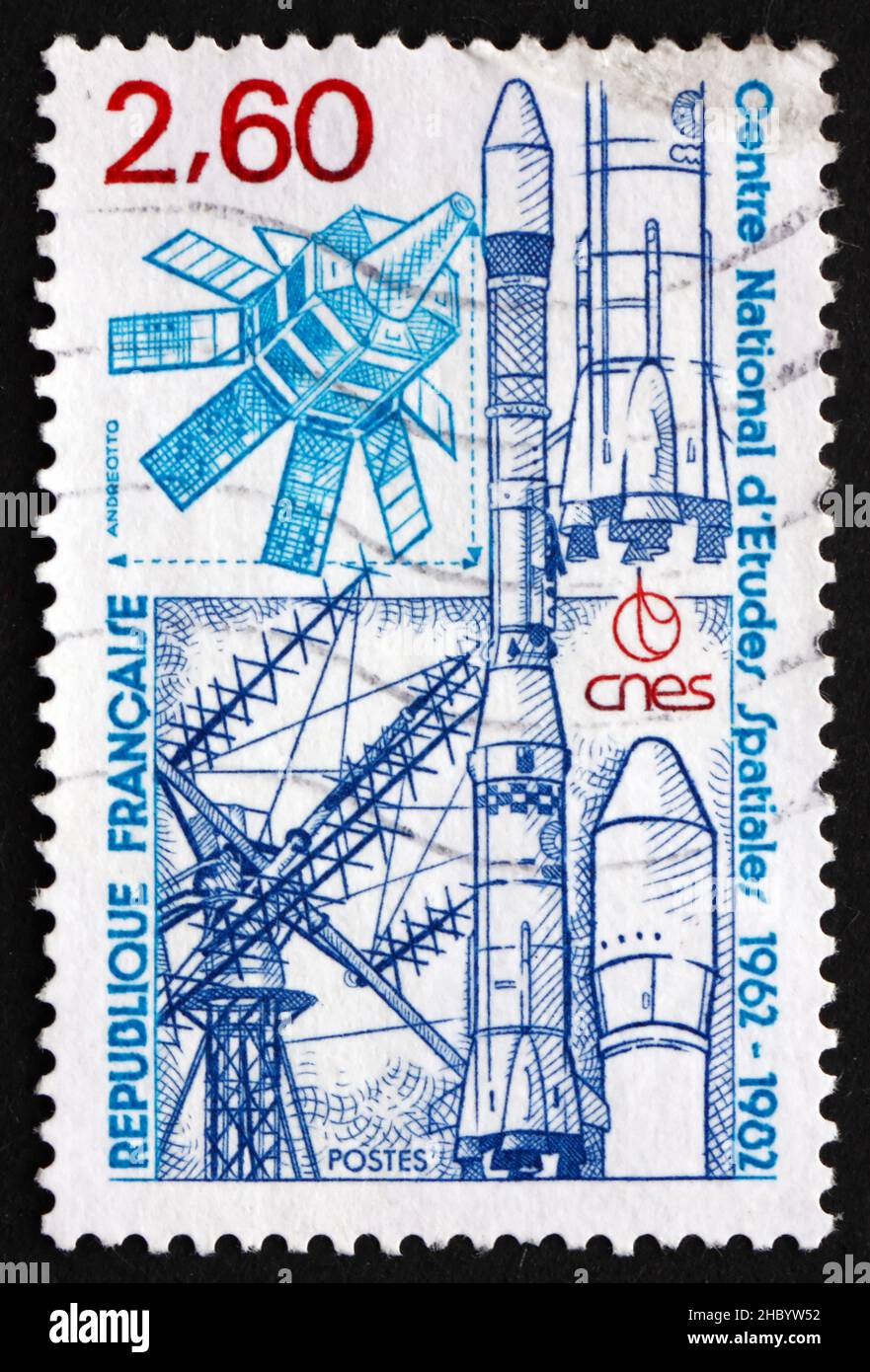 FRANCIA - CIRCA 1982: Un francobollo stampato in Francia mostra National Space Studies Centre, 20th anniversario, circa 1982 Foto Stock