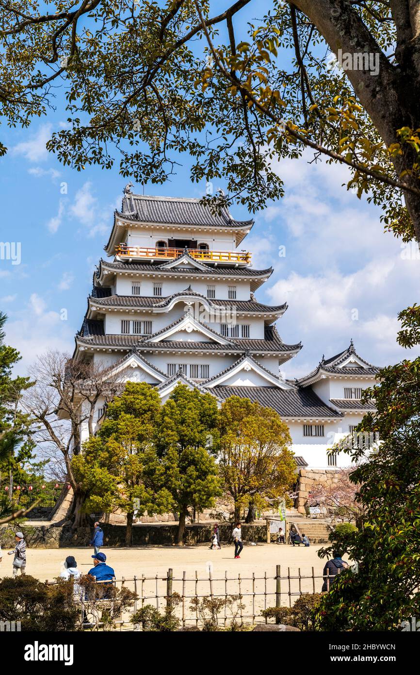 Castello di Fukuyama in Giappone. Il castello in stile sotogata ricostruito conserva incorniciato da un albero in primavera con cielo blu e sfondo bianco nuvole. Foto Stock