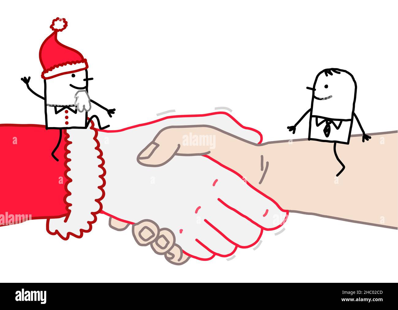 Cartoon Santa e businessman a mano incontro su un grande Handshake Illustrazione Vettoriale