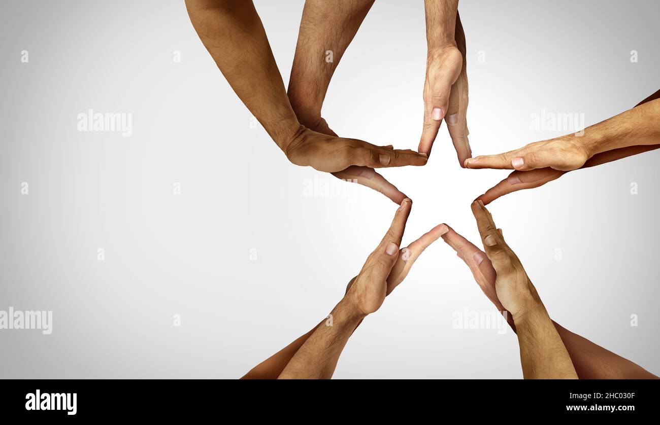 Il concetto di stella di unità di ispirazione come un'idea creativa di festa di squadra per la creatività di gruppo e pensare insieme come un gruppo di gente che unisce le mani. Foto Stock