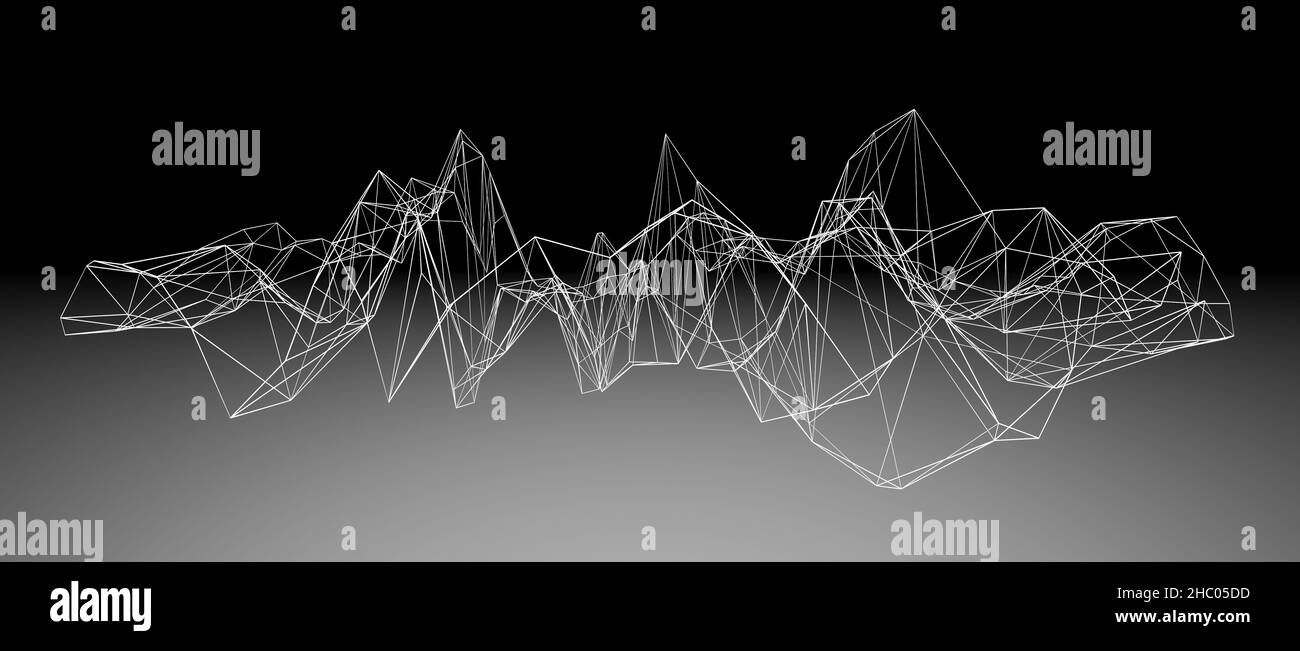 Forma d'onda a reticolo bianca astratta con fili collegati o struttura poligonale su sfondo grigio e nero sfumato Foto Stock