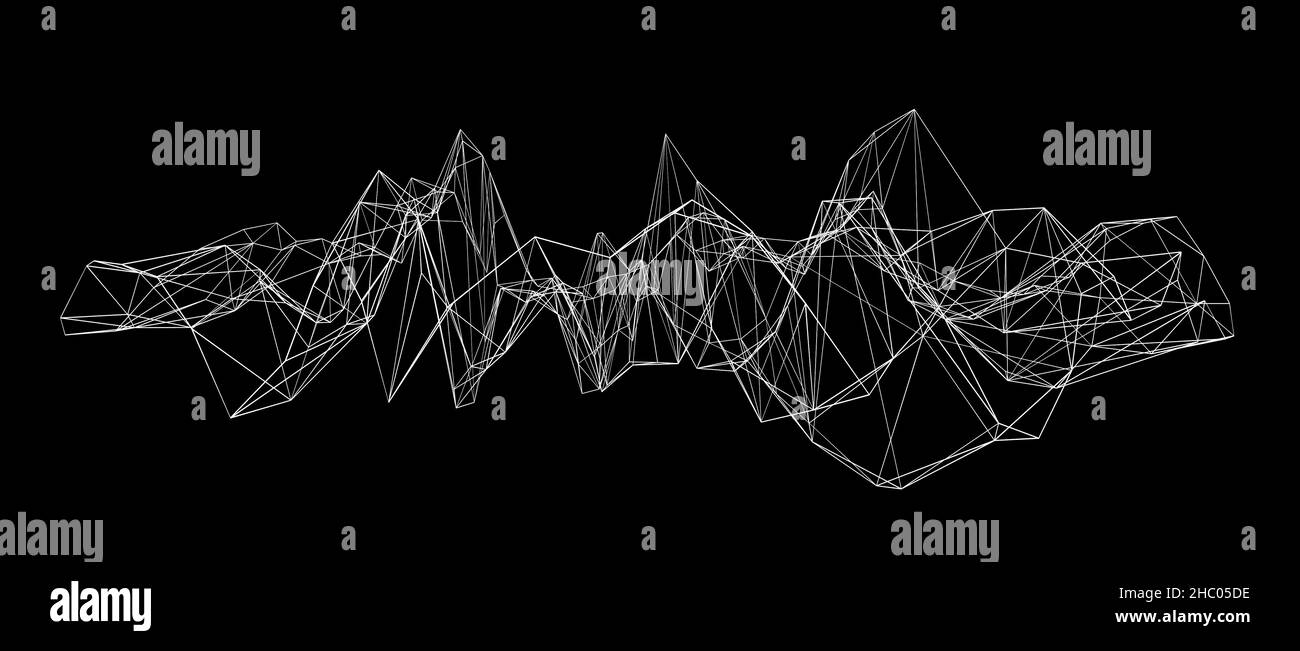 Forma d'onda a reticolo bianca astratta con fili collegati o struttura poligonale su sfondo nero Foto Stock
