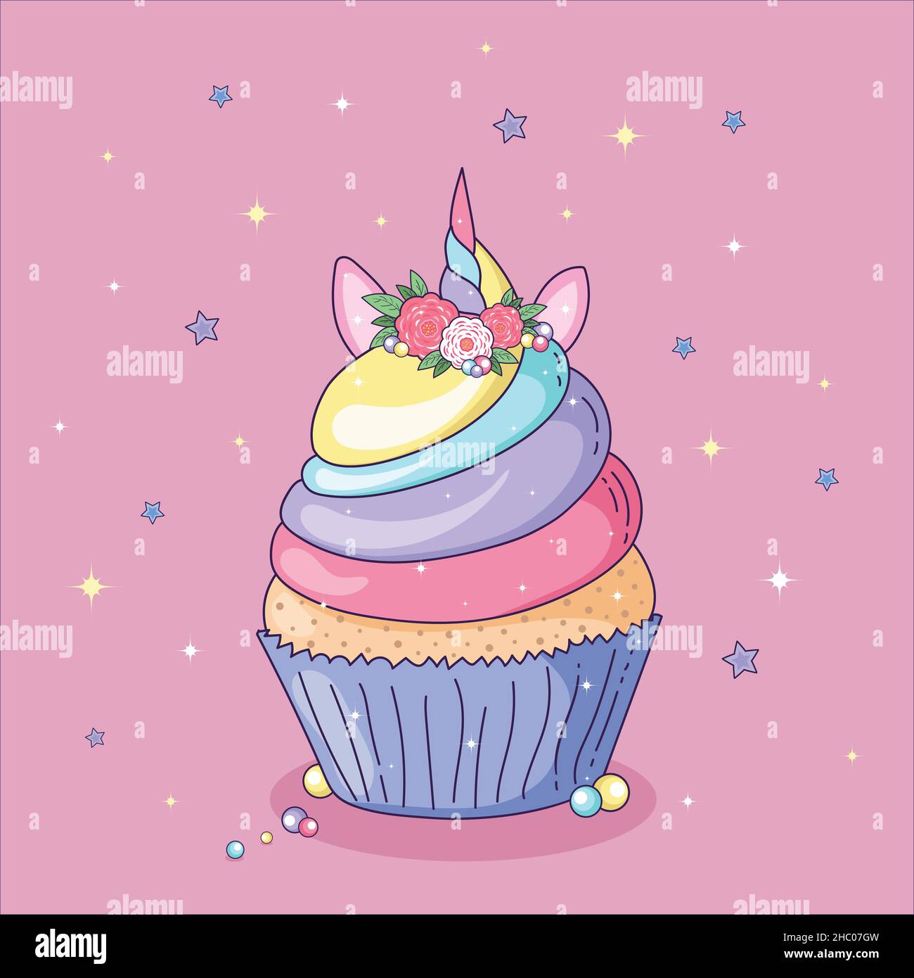 Carino cupcake unicorno su sfondo rosa, illustrazione vettoriale. Illustrazione Vettoriale