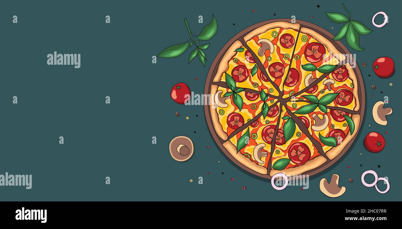 Banner pizza con posto per il testo disegno a mano scarabocchio style Illustrazione Vettoriale