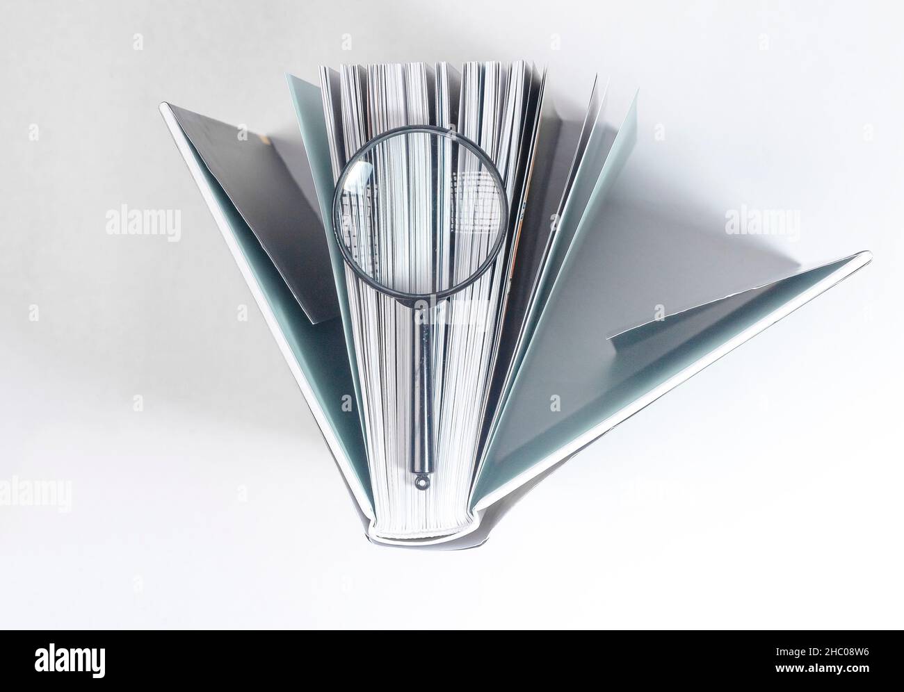 Lente d'ingrandimento sopra il libro di carta aperto con le pagine. Concetto di ricerca, ricerca e indagine. Foto Stock