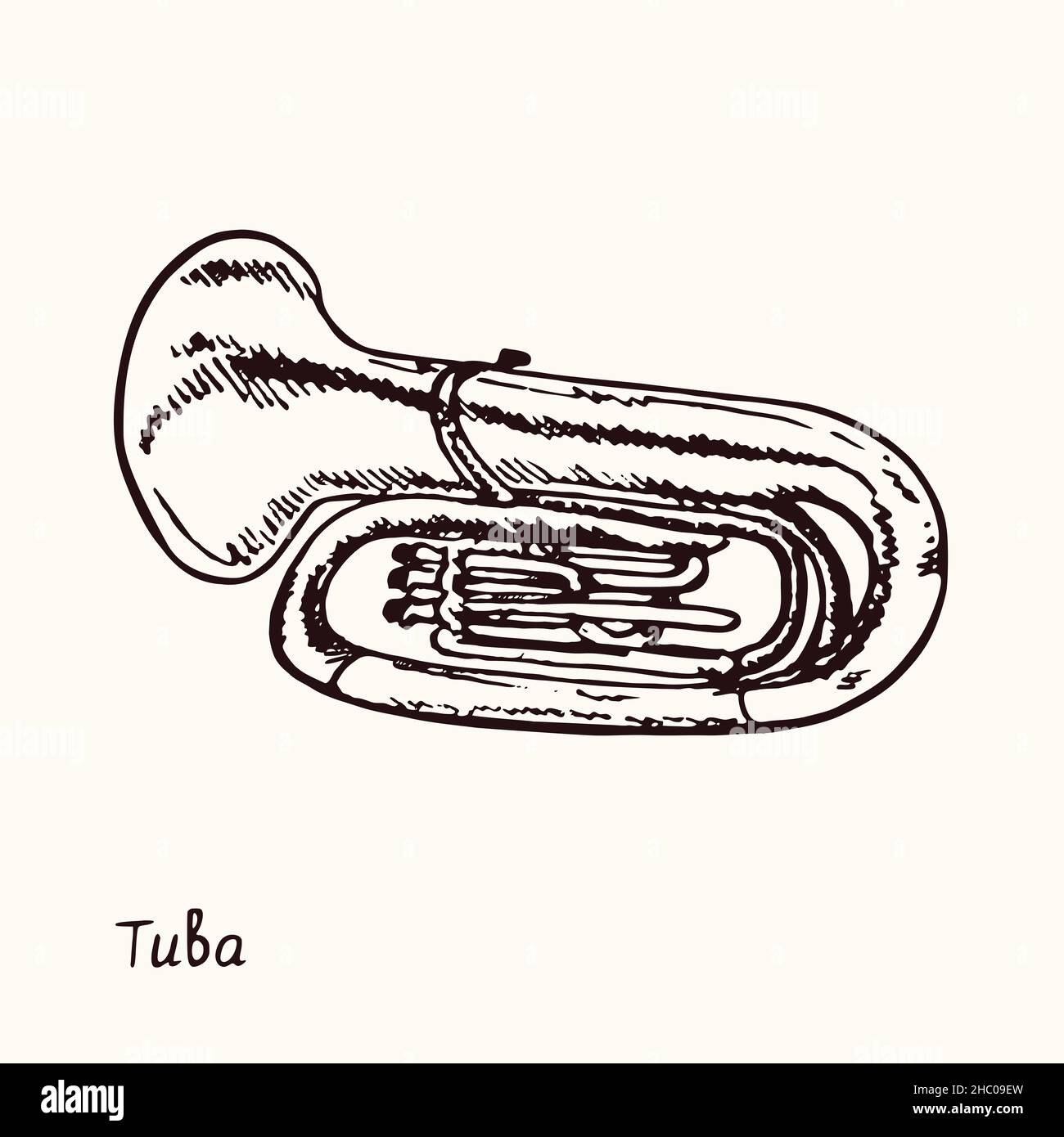 Tuba. Inchiostro bianco e nero doble disegno in legno taglio con iscrizione. Foto Stock