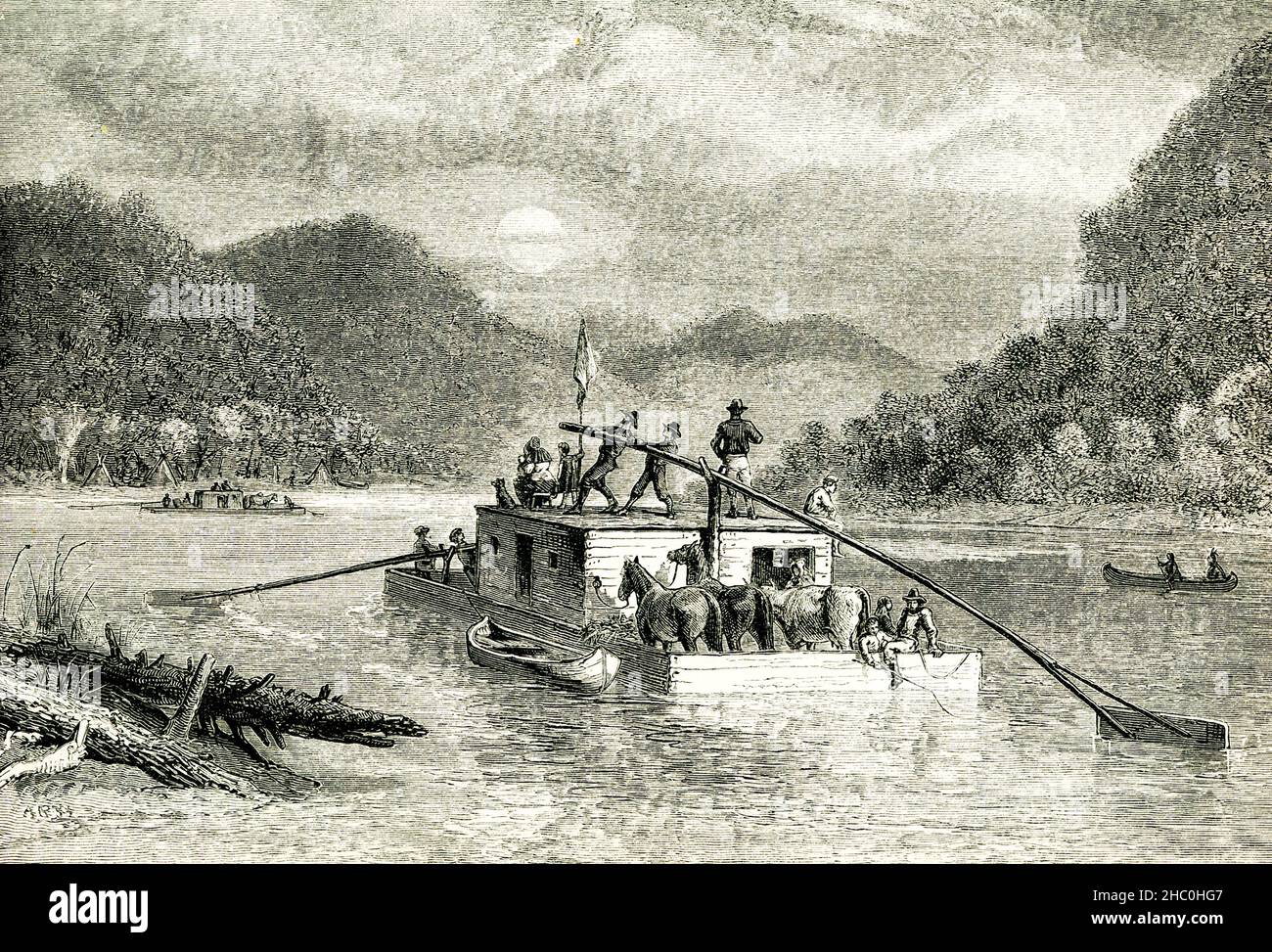 Questa illustrazione del 1890 mostra gli emigranti che discendono il fiume Tennessee nel tempo dell'espansione di Westward negli Stati Uniti,. Foto Stock