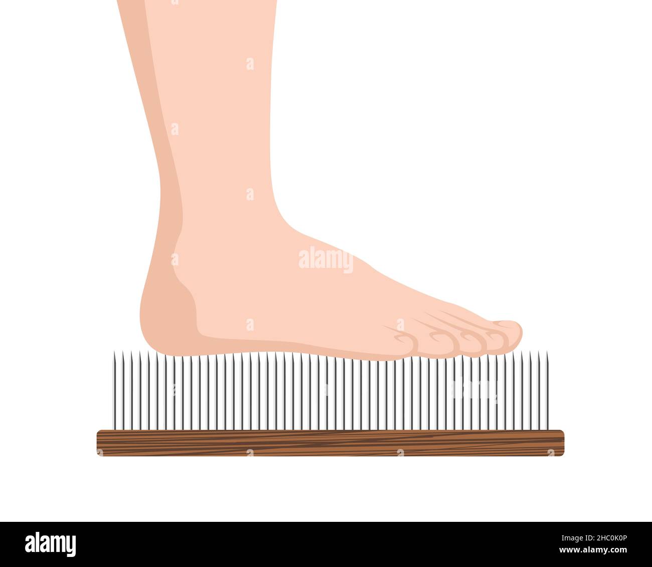 Tavola Sadhu con piede umano. Piedi in piedi sul letto delle unghie. Yoga esercizio e meditazione spirituale pratica scrivania. Illustrazione di medicina alternativa e vettore di trattamento eps. Vista laterale Illustrazione Vettoriale