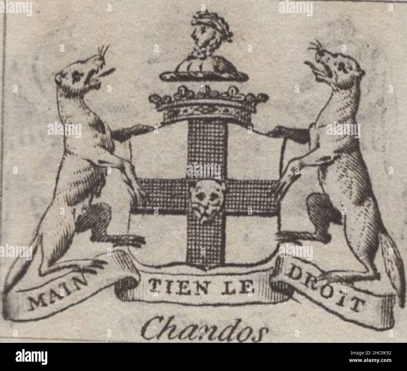 Antica incisione 18th secolo stemma eraldico, Duca Inglese , motto / slogan: Main Tien le Droit. Chandos. Di Woodman & Mutlow fc russel co circa 1780s Fonte: Incisioni originali dal libro annuale di almanach. Foto Stock