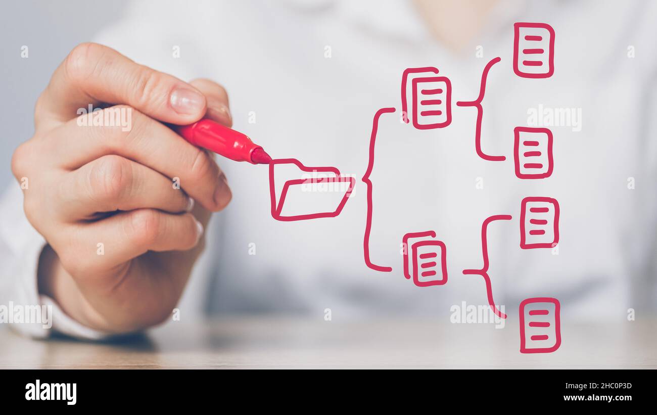 Sistema di gestione dei documenti Concept o DMS. La persona disegna un diagramma di una cartella con i file Foto Stock