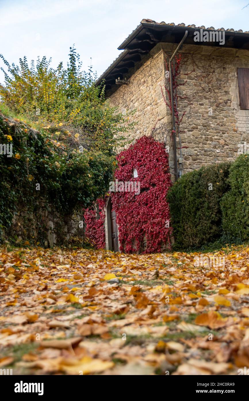 Le mura esterne del Castello Romena circondate dai colori caldi dell'autunno toscano, a stia Foto Stock