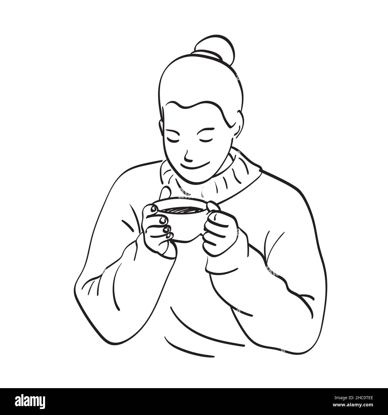 closeup sorridente donna bere caffè caldo o tè illustrazione vettore disegnato a mano isolato su sfondo bianco art. Illustrazione Vettoriale
