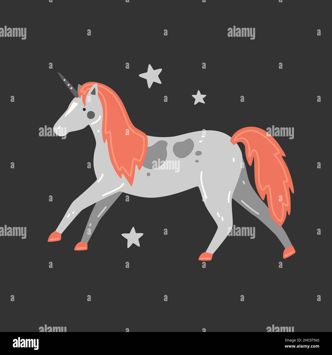 Simpatico unicorno grigio con mane nero in stile cartone animato. Illustrazione piatta vettoriale Illustrazione Vettoriale