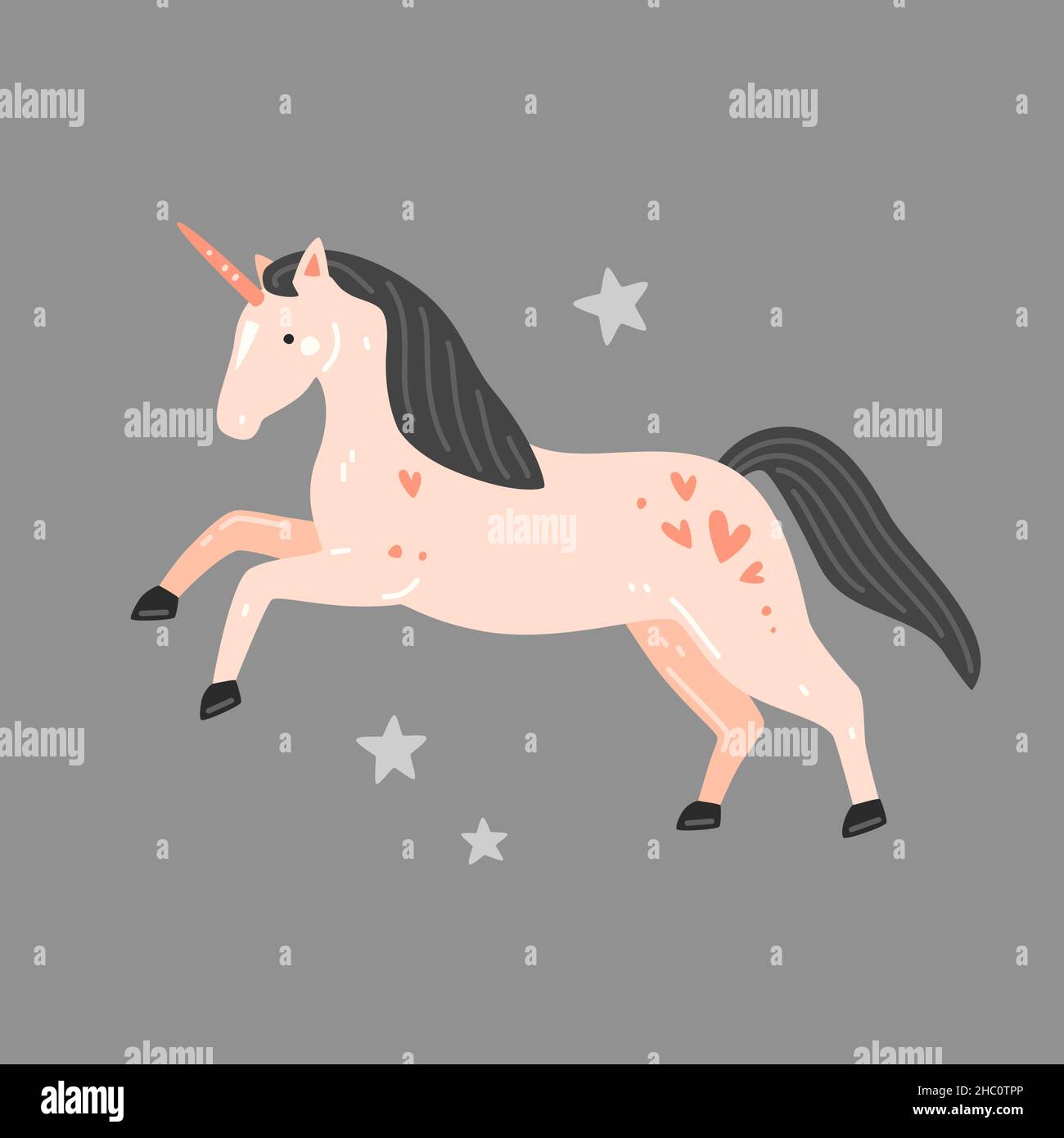 Simpatico unicorno rosa con mane nera in stile cartone animato. Illustrazione piatta vettoriale Illustrazione Vettoriale