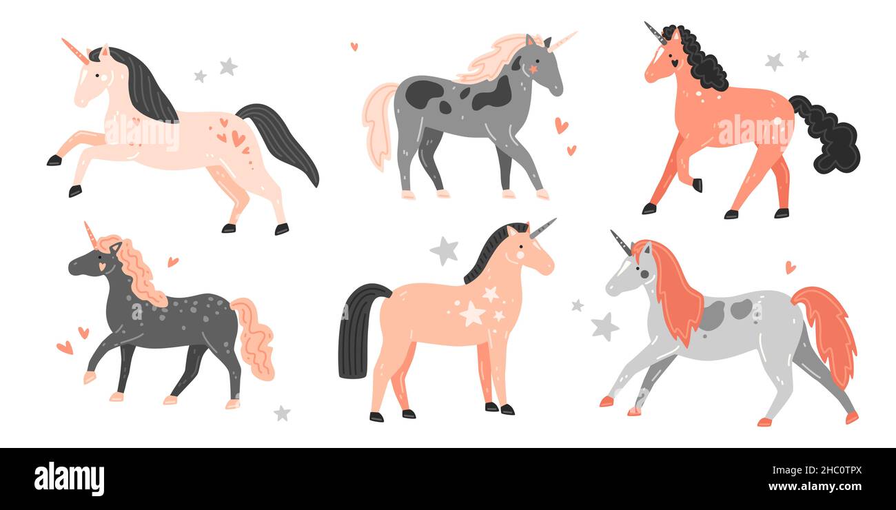 Set di simpatici unicorni in stile cartone animato. Illustrazione piatta vettoriale Illustrazione Vettoriale
