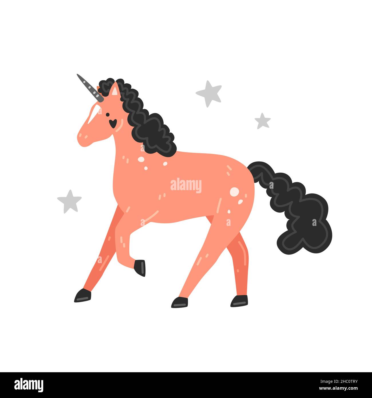 Simpatico unicorno rosa con mane nera in stile cartone animato. Illustrazione piatta vettoriale Illustrazione Vettoriale