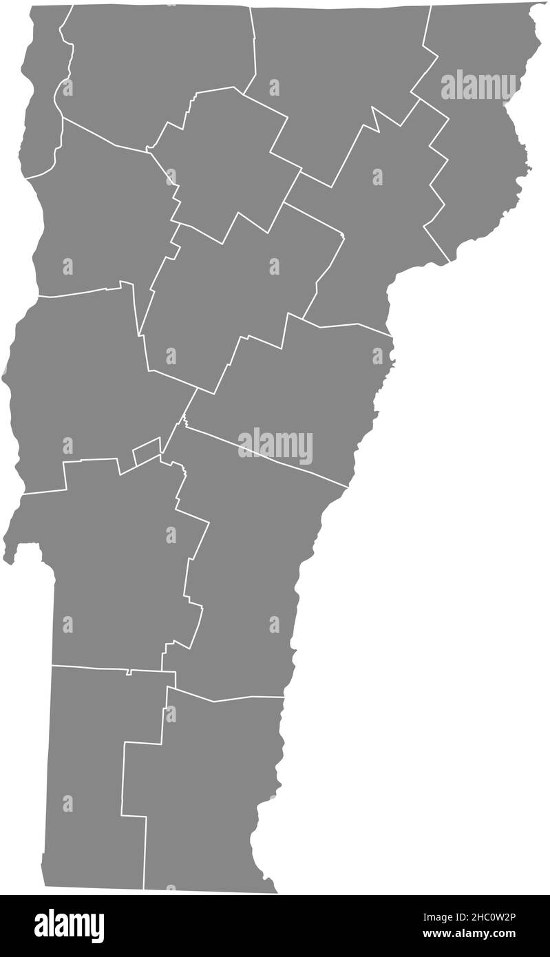 Mappa amministrativa del vettore grigio dello Stato federale del Vermont, USA con confini bianchi delle sue contee Illustrazione Vettoriale