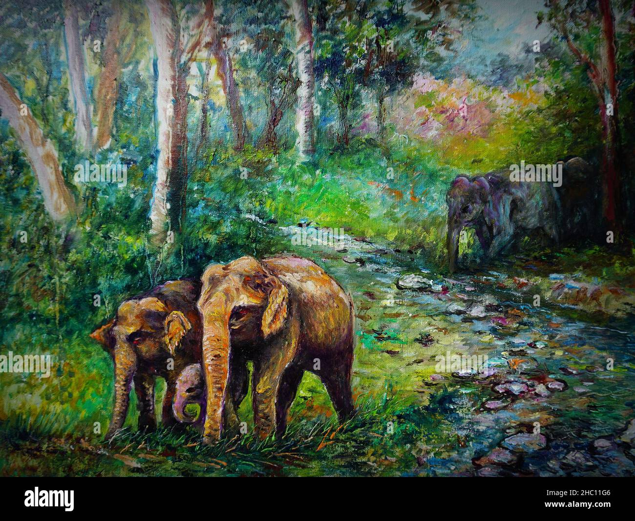 Pittura d'arte olio colore Elephant famiglia thailandia , natura , campagna , rurale Foto Stock